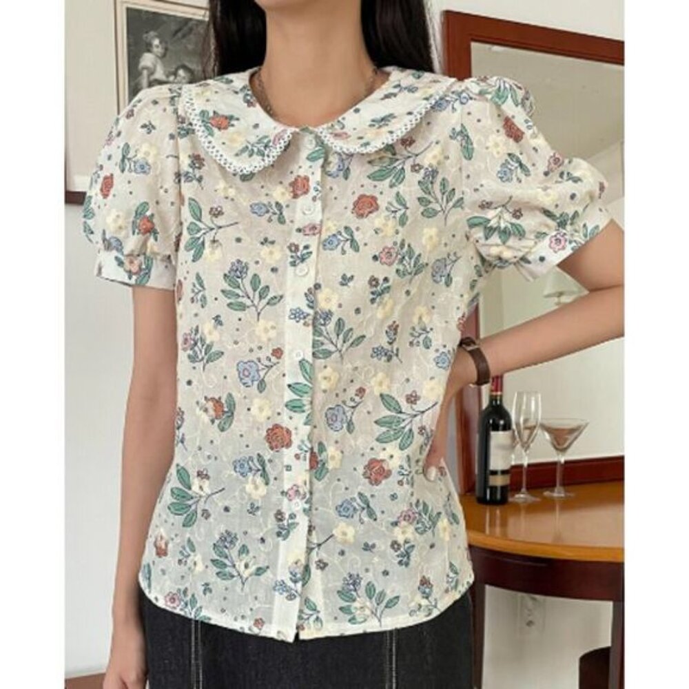 DAZY Floral Embroidery Peter Pan Collar Puff Sleeve Blouse Sz XL